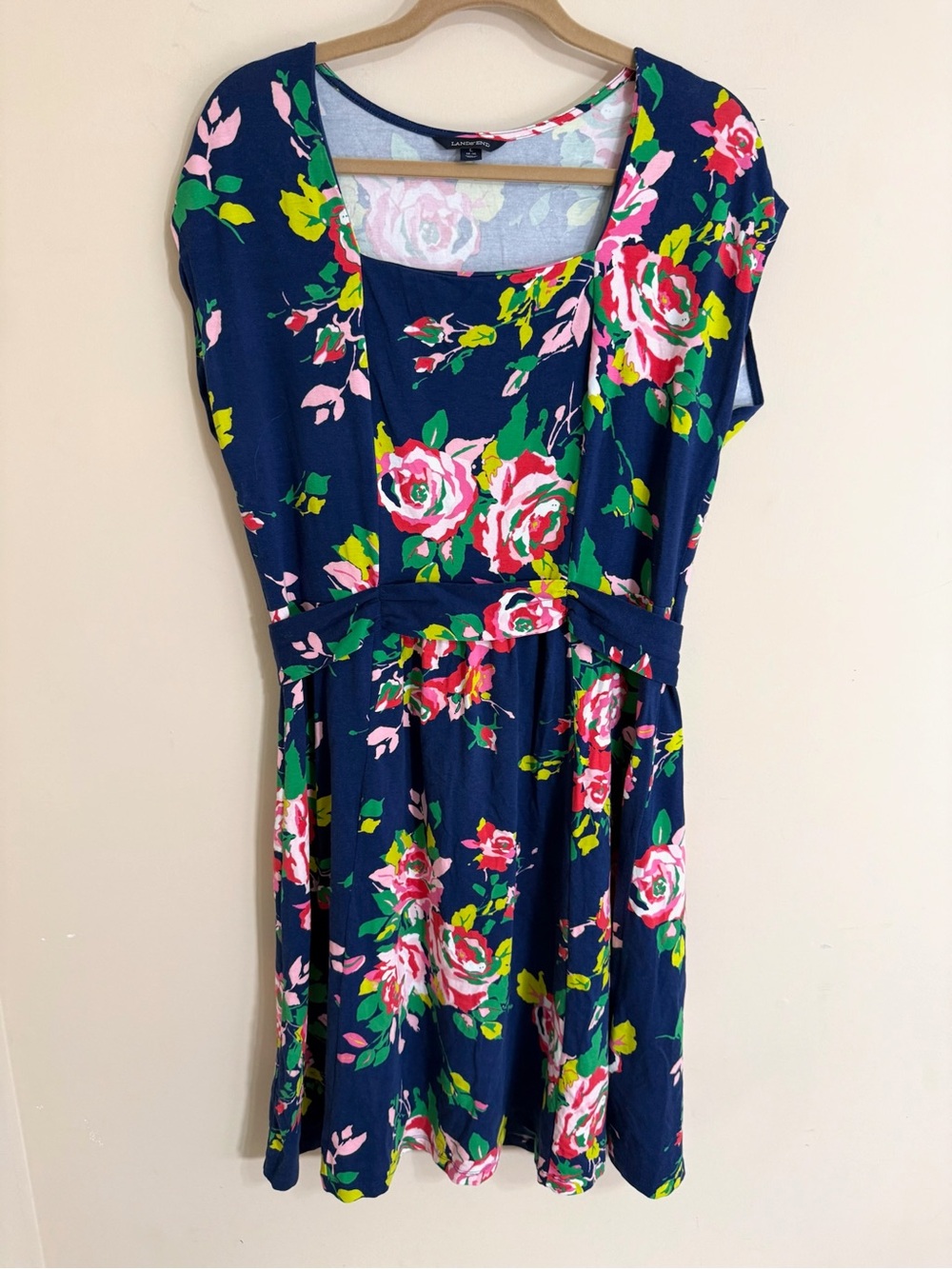 LANDS END Womens Floral Fit And Flare Knit Dress L Navy Pink Casual Cottagecore